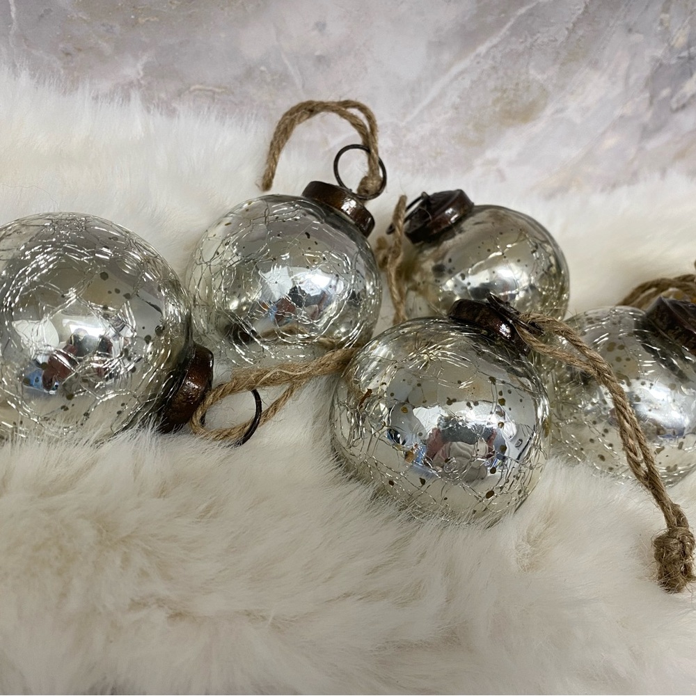 Set of 6 Silver Crackle Glass Kugle Kugel Vintage Christmas Tree Ornaments